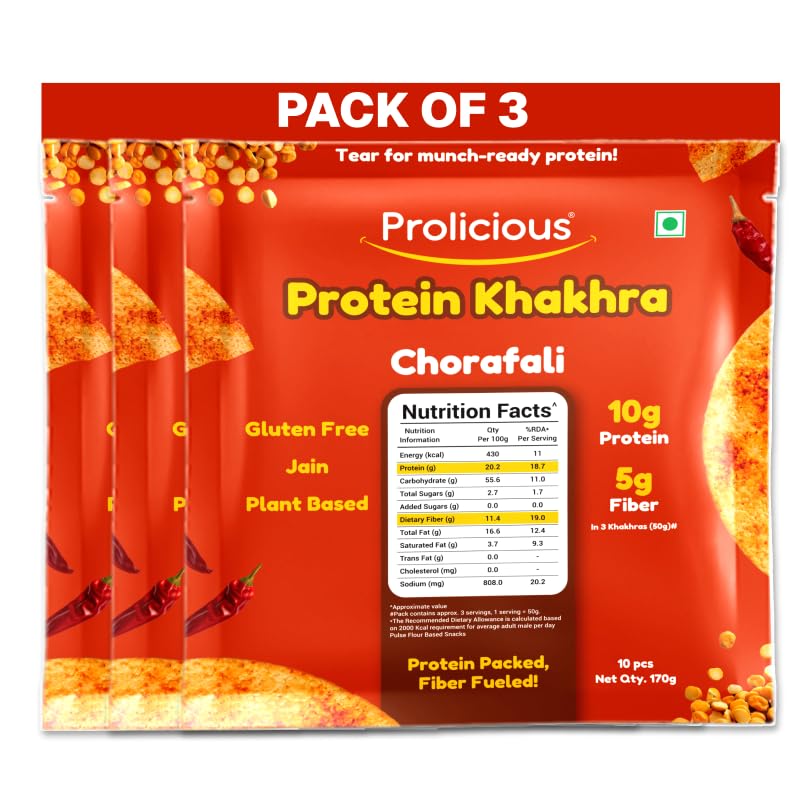 Prolicious Khakhra Chorafali High Protein Khakhra | Upgrade Your Snacking | 10g Protein + 5g Fibre | Same Crunch, Snack Smarter | Plant Based, Jain | No Palm Oil | 170g (Pack of 3)