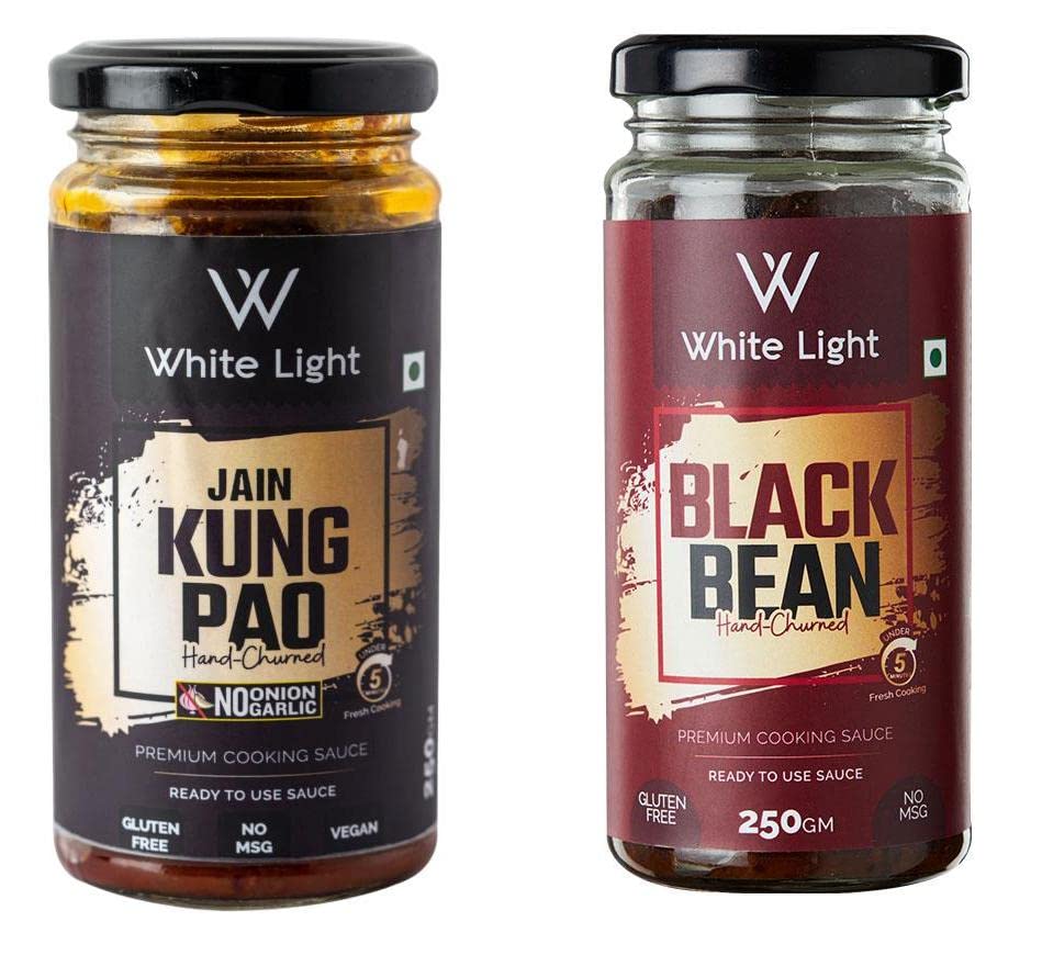 White Light Food Jain Black Bean Sauce and Jain Kung Pao Sauce l Vegan and Natural Ingredients l Ready to Eat Healthy Food (Combo Pack of 2, 250g Each)