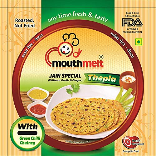 Mouthmelt Jain Special Thepla Pack of 8 | Ready to Eat,Rosted, Not Fried | without Garlic & Ginger | 3 Month Shelf Life- Free Green Chutney - Gujarati Snack (200G x 8 Packets, 6 pcs in 1 pack) - 1600 Grams