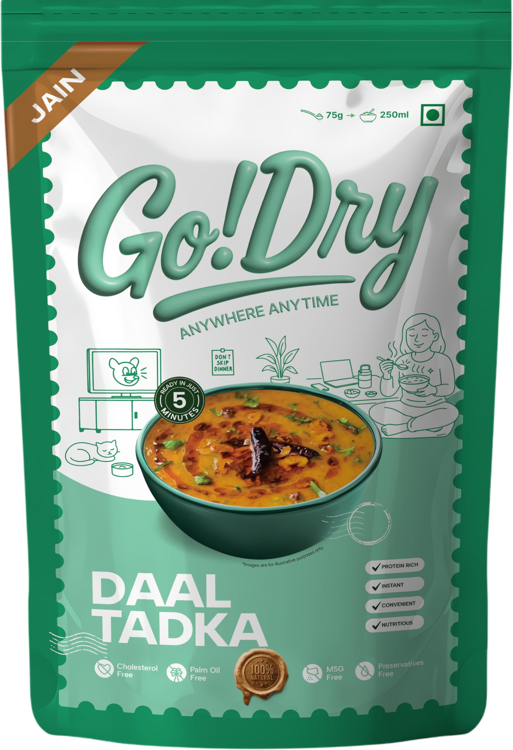 Go!Dry Jain Rajma Delight | Ready to Eat Indian Meal | No Onion No Garlic | No Preservatives & No Palm Oil |75g