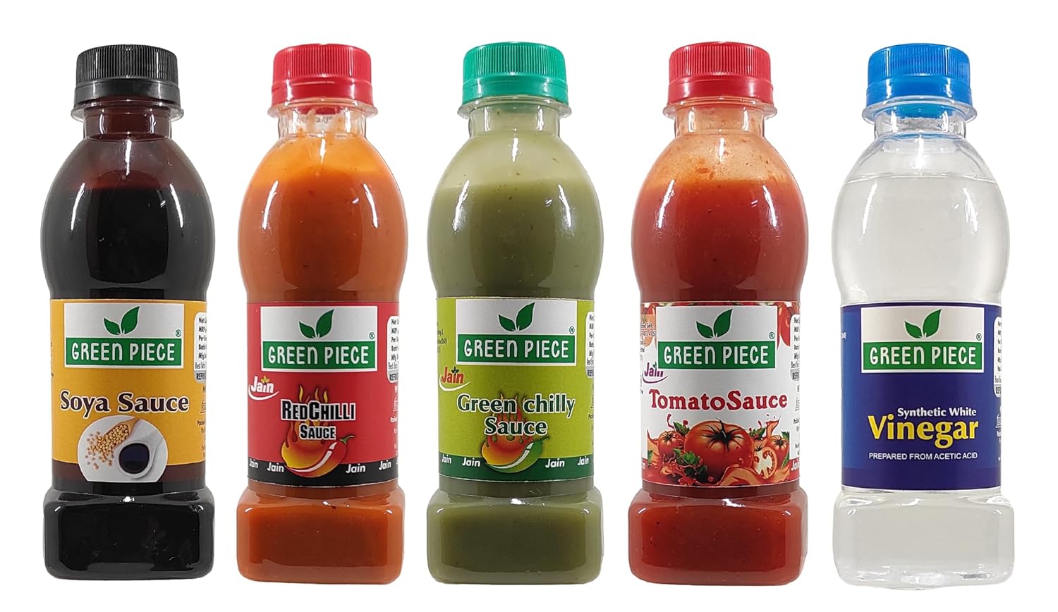 Green Piece Jain Sauce Combo of Soya,Tomato,Green Chilli,Red Chilli and Vinegar (Pack of 5) Sauce (1000 ml)
