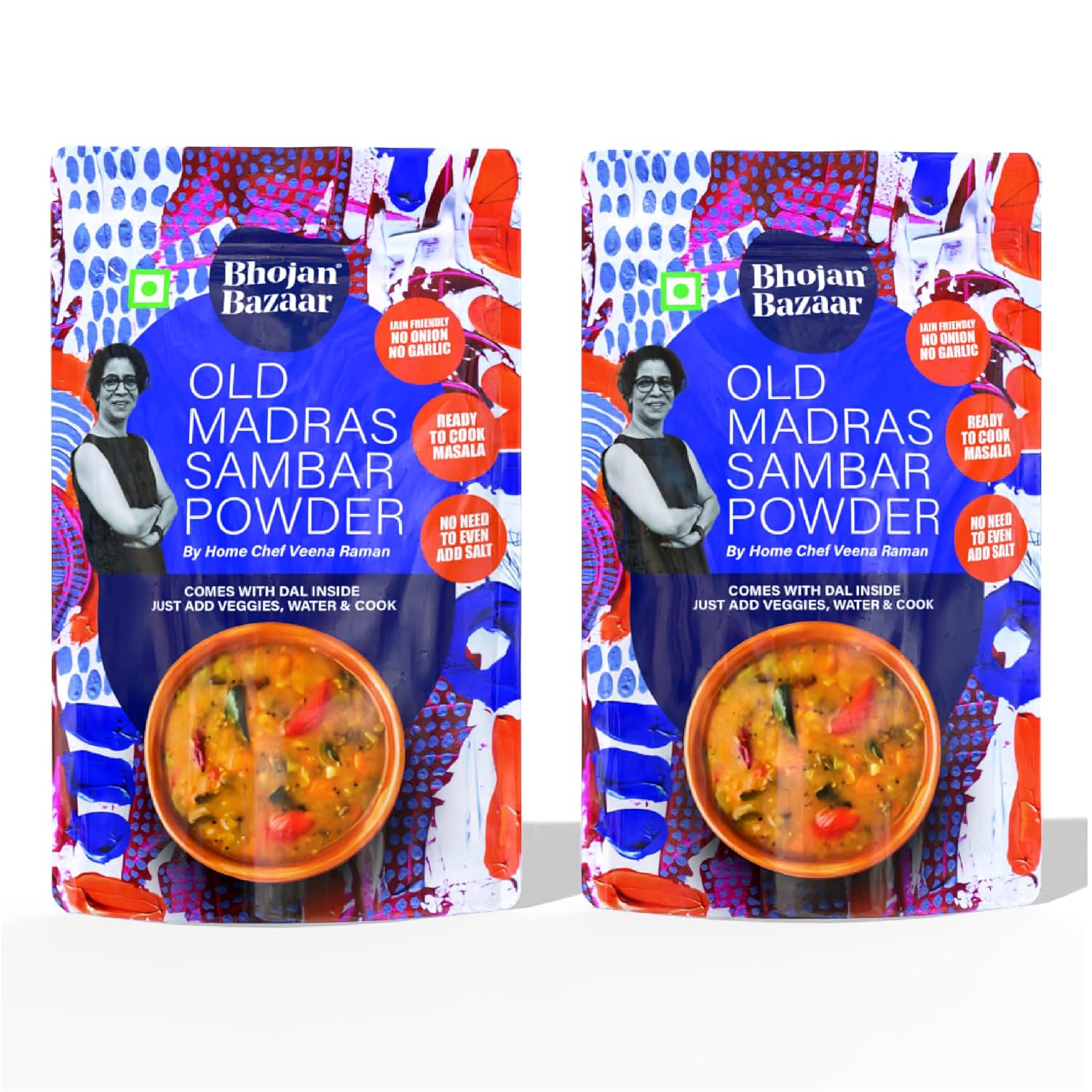 Bhojan Bazaar Old Madras Sambar Powder - Pack of 2, 70 g Each | No Onion No Garlic Ready To Cook in 10 min | Serves 4 | South Indian Sambar With Dal | Free From Preservatives, Colours & Flavours